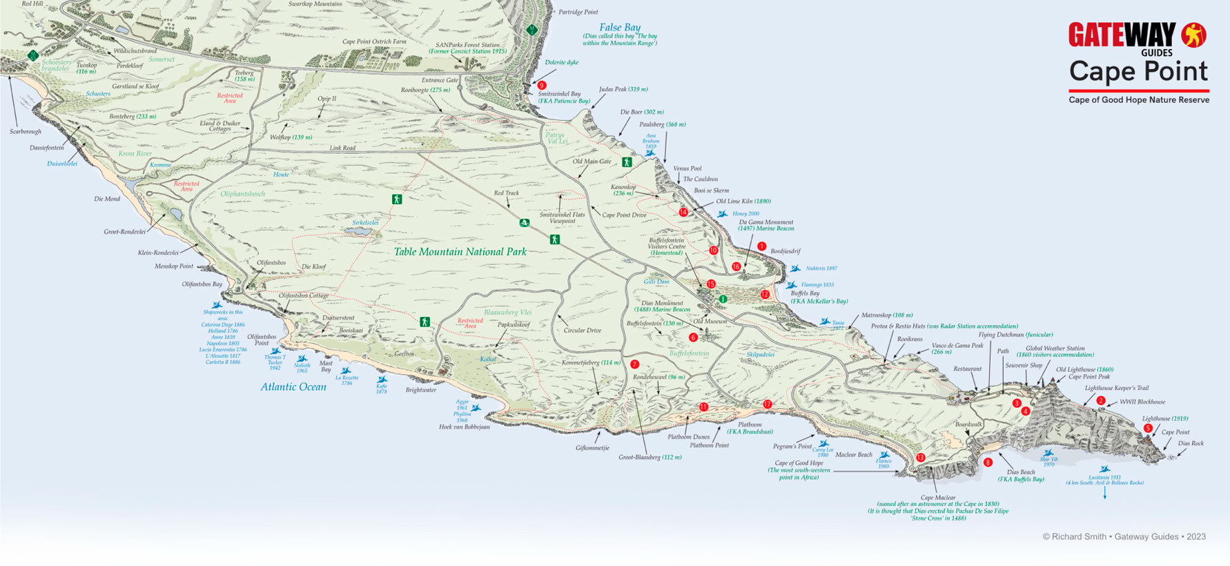 This illustrated map has numbers indicating the location of points of interest detailed in the Gateway Guides Cape Point Guide available for free in Cape Town, South Africa.